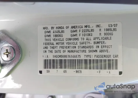 2007 Honda Accord 2.4 Ex from USA, damaged, VIN 1HGCM56867A144475